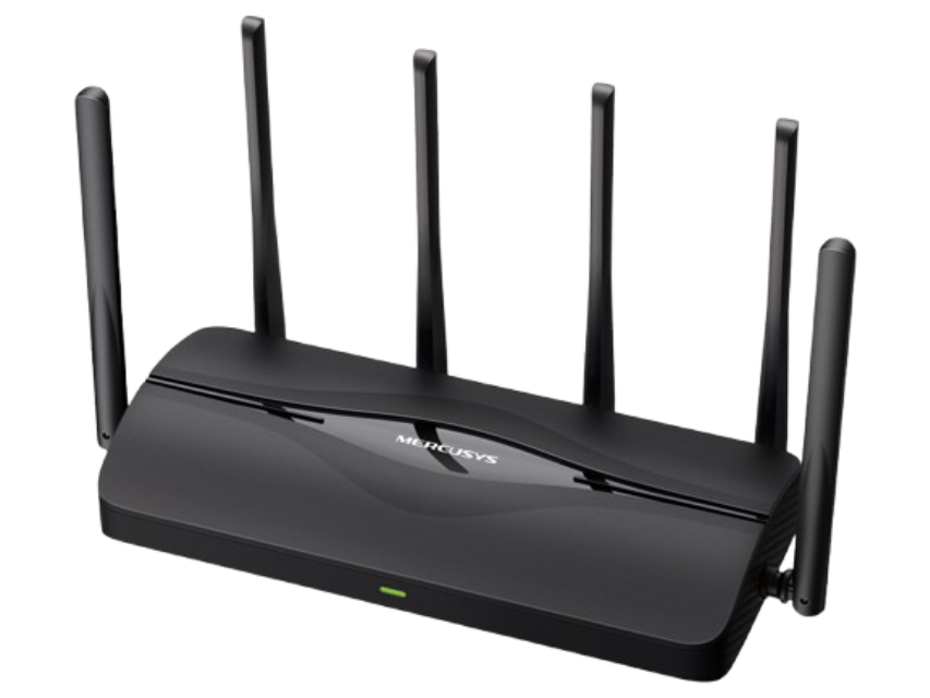 A black Hikvision wireless router with five external antennas, shown on a plain white background.