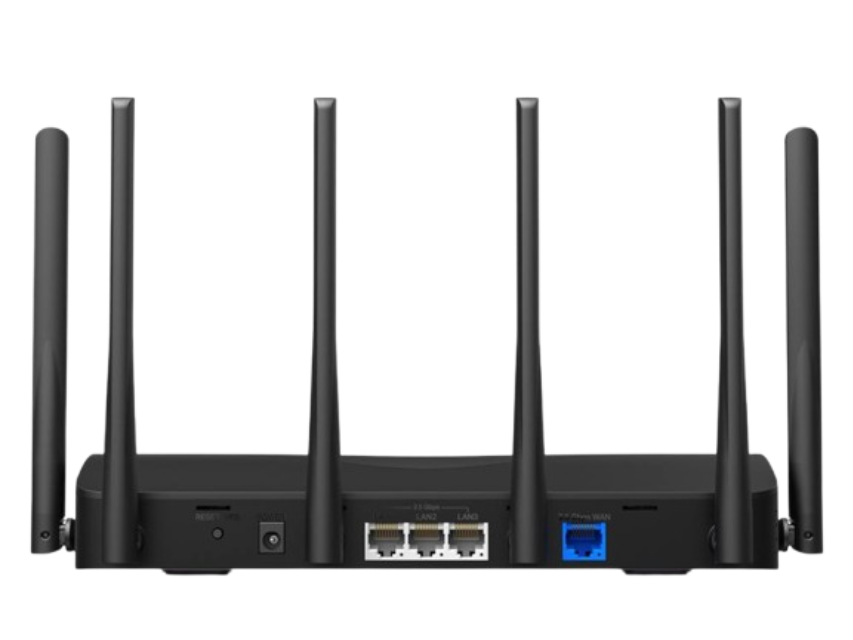 A black 6-antenna wireless router shown from the back, featuring six vertical antennas, Ethernet ports, and a blue USB port on a plain white background.