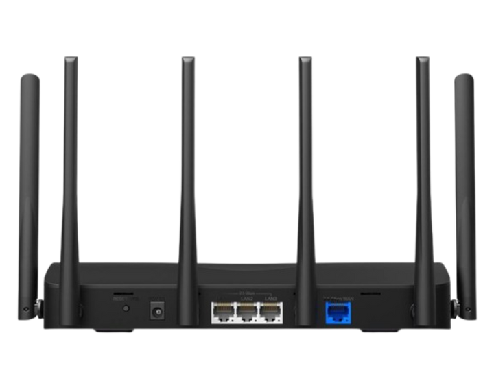 A black 6-antenna wireless router shown from the back, featuring six vertical antennas, Ethernet ports, and a blue USB port on a plain white background.
