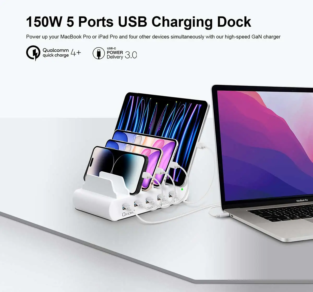 PD 150W 5 Port (5A+5C) Charging Dock with build-in rack