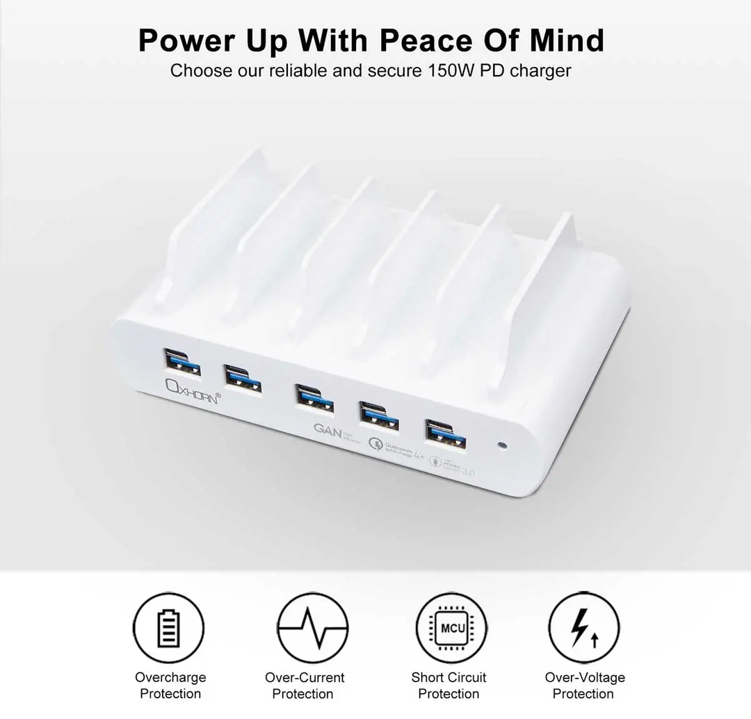 PD 150W 5 Port (5A+5C) Charging Dock with build-in rack