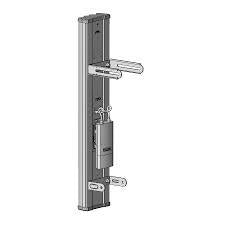 Metal door handle and lock mechanism on a white background