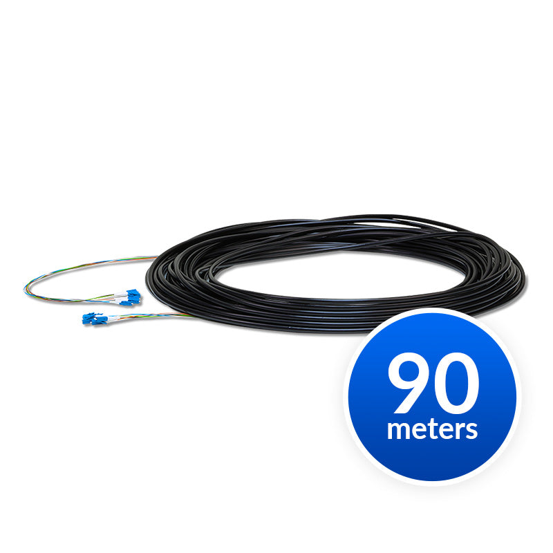 Coiled fiber optic cable with a label indicating 90 meters on a white background
