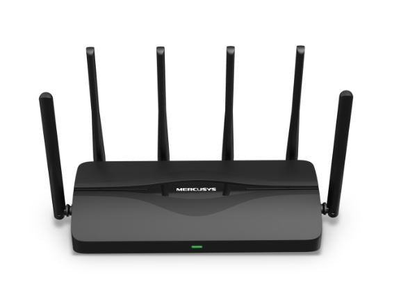 A black Mercusys tri-band Wi-Fi router with six external antennas, displaying the model number and logo.