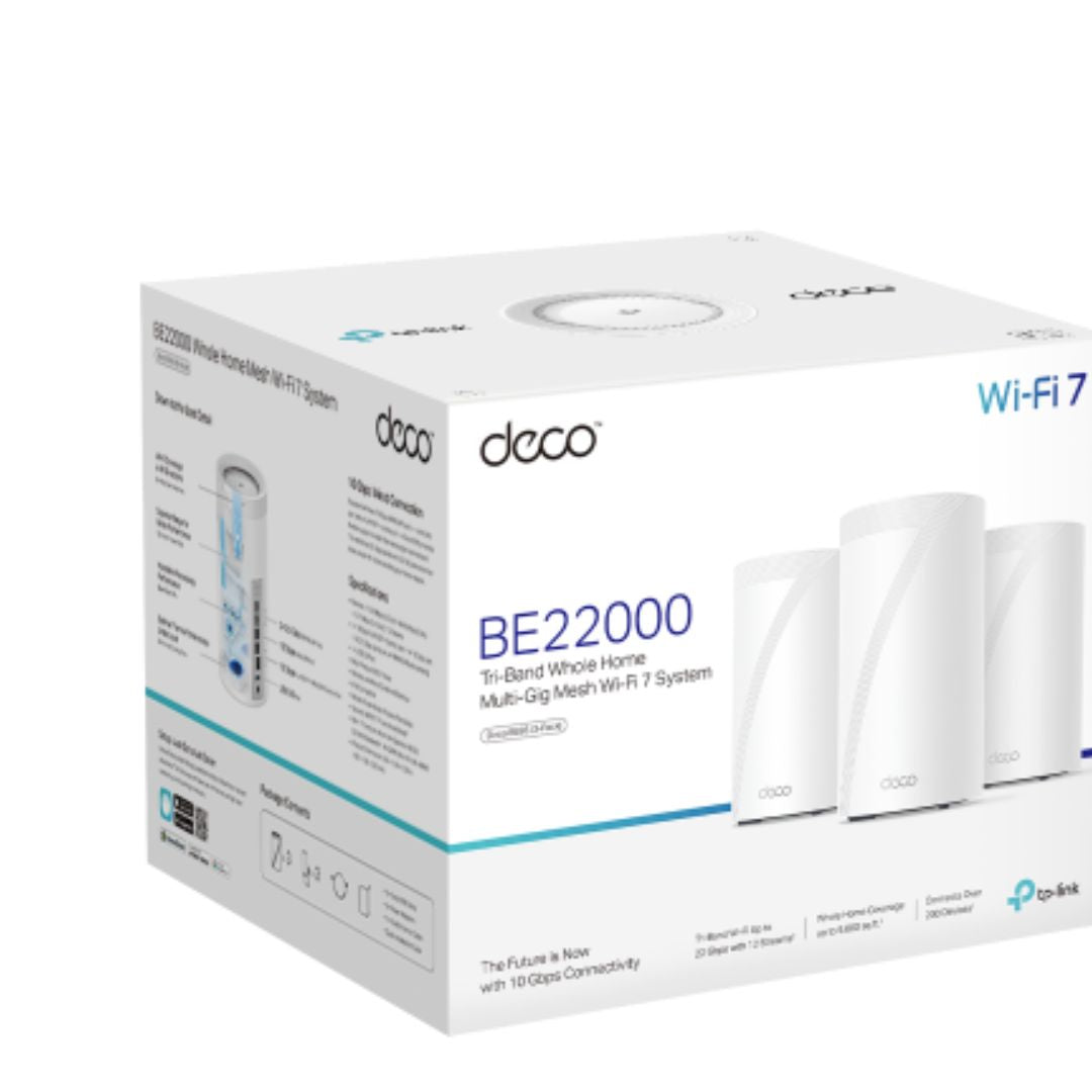 Tp Link Deco Be85(3 Pack) Be22000 Tri Band Whole Home Mesh Wi Fi 7 System (Wifi7) 1376 Mbps At 2.4 G Hz + 8640 Mbps At 5 G Hz + 11520 Mbps At 6 G Hz