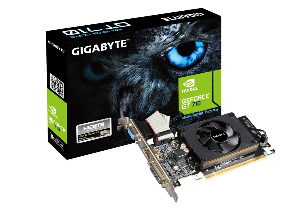 Gigabyte N Vidia Ge Force Gt 710 2 Gb Ddr3 2.0 Pc Ie Video Card 4 K 3x Displays Hdmi Dvi Vga Low Profile Fan