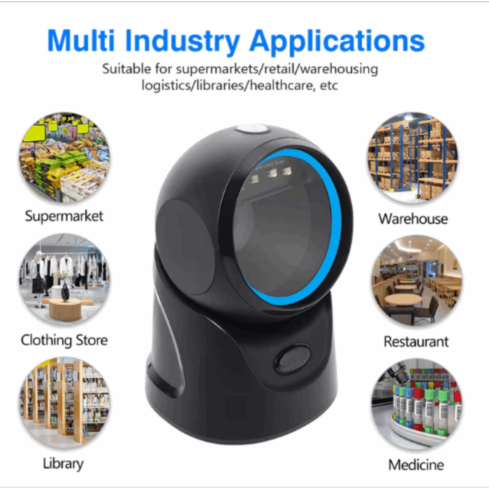 WorldTech WTP-9601D Fast Scanning 2D Omnidirectional Barcode Scanner for various industries including supermarkets, warehouses, and libraries.
