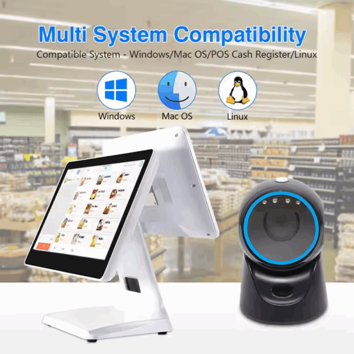 Image showing multi-system compatibility for barcode scanner with Windows, Mac OS, and Linux systems.