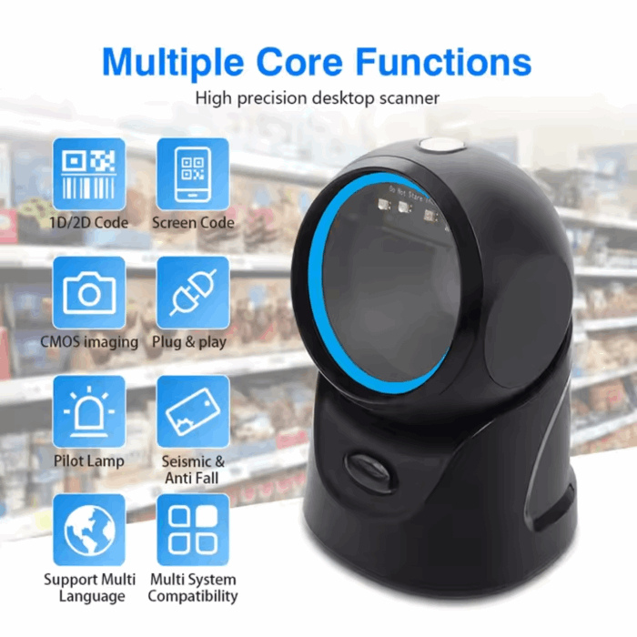 High precision desktop scanner with multiple core functions, designed for seamless barcode scanning in various environments.