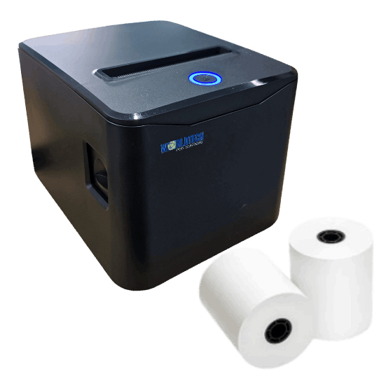 WorldTech WTP-8380 USB Ethernet 80mm Thermal Receipt Printer with two paper rolls for high-quality receipt printing.