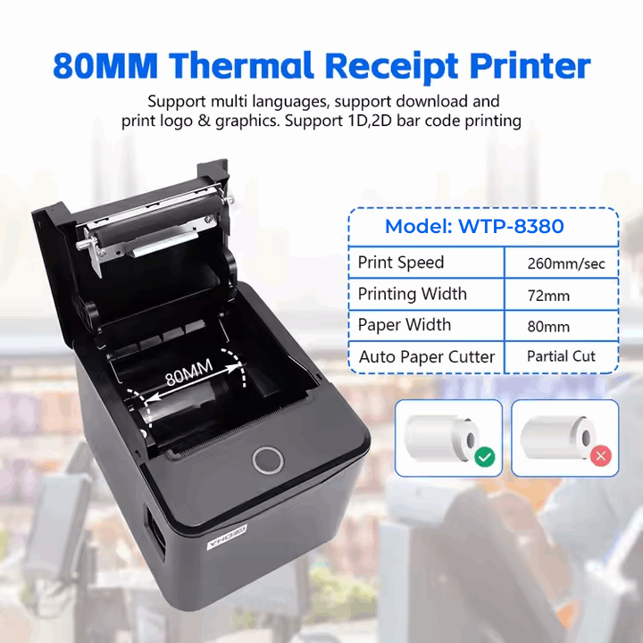 WorldTech WTP-8380 80mm Thermal Receipt Printer features USB Ethernet connectivity, auto paper cutter, and fast print speed.
