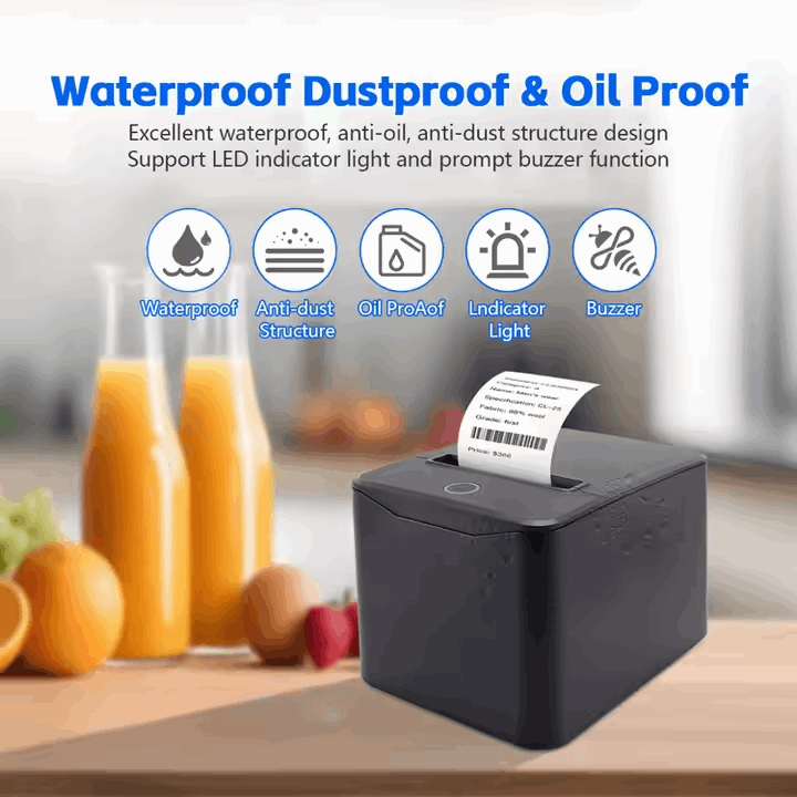 WorldTech WTP-8380 waterproof, dustproof, and oil proof thermal receipt printer in a vibrant setting with beverages.