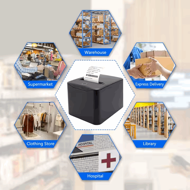 WorldTech WTP-8380 USB Ethernet 80mm thermal receipt printer used in retail, warehouse, hospital, and library settings.