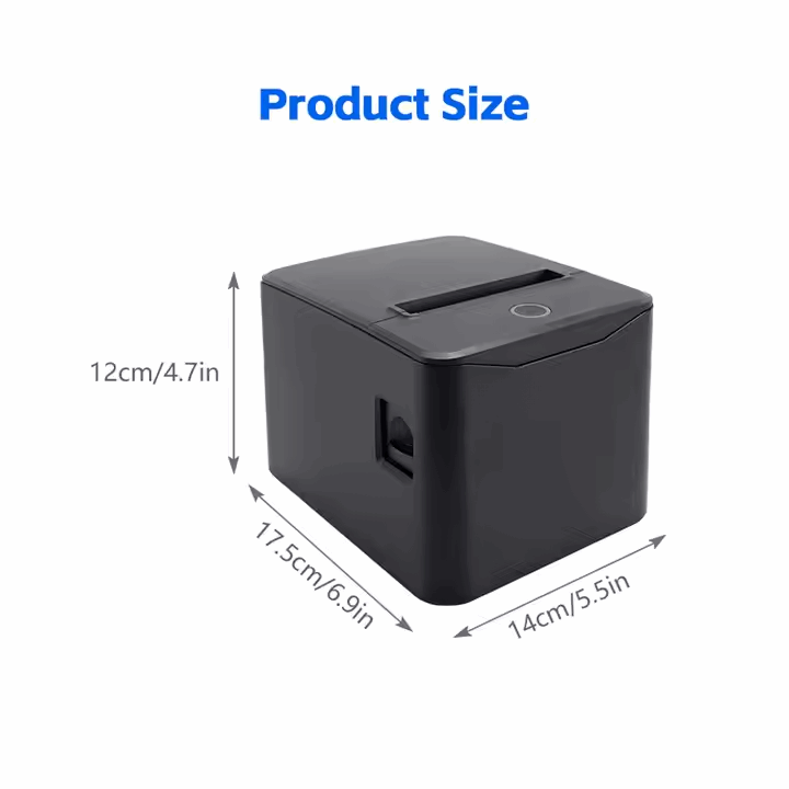 WorldTech WTP-8380 USB Ethernet 80mm Thermal Receipt Printer size dimensions 12cm x 14cm x 17.5cm.
